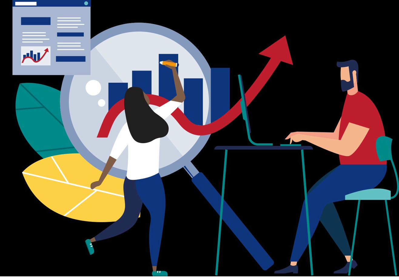 Two people working together on AI-driven business analytics with rising performance arrow