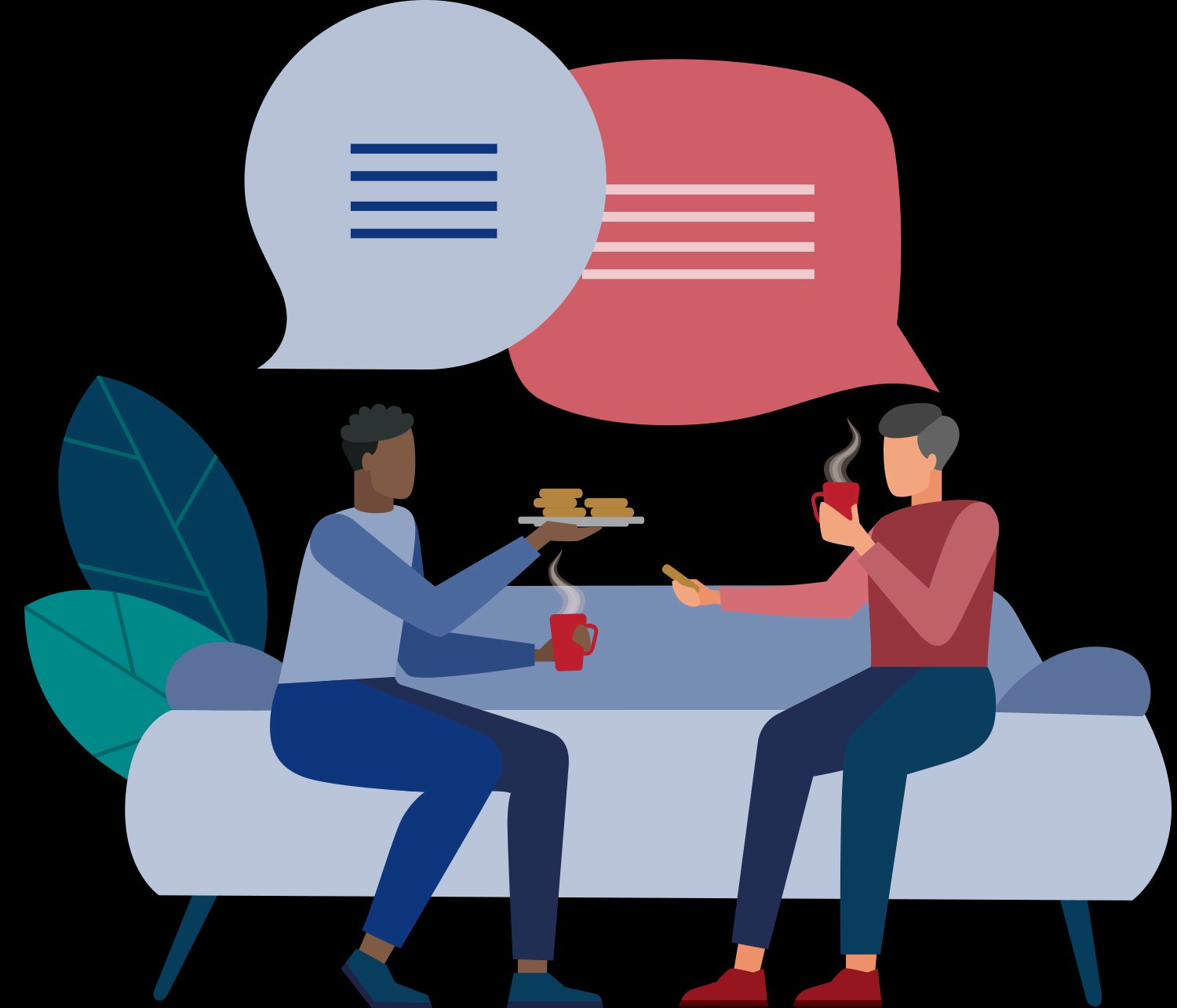 Two people having a conversation over coffee