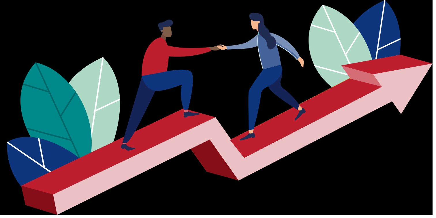 Two people climbing an upward arrow illustrating collaborative growth