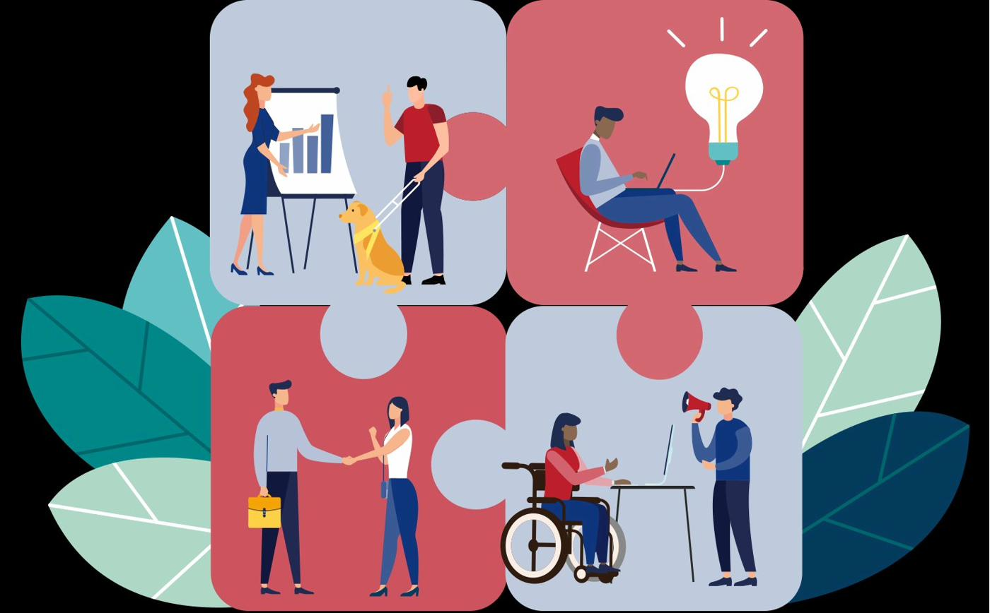 Four puzzle pieces interlocking showing collaborative team work across services